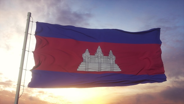 Flag of Cambodia waving in the wind, sky and sun background. 3d rendering.