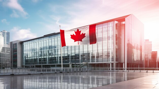 The flag of Canada against the backdrop of a large modern center generative AI