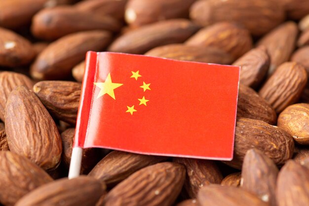 Flag of China on almond Origin of nuts growing almond in China