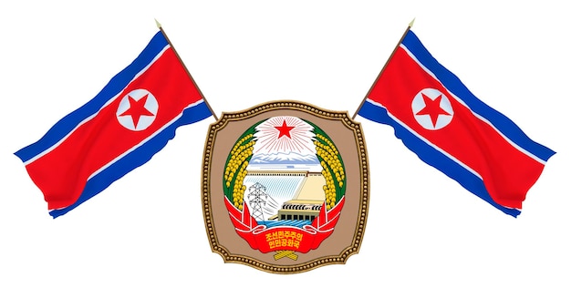 Flag and the coat of arms of North Korea Background for editors and designers National holiday 3D illustration