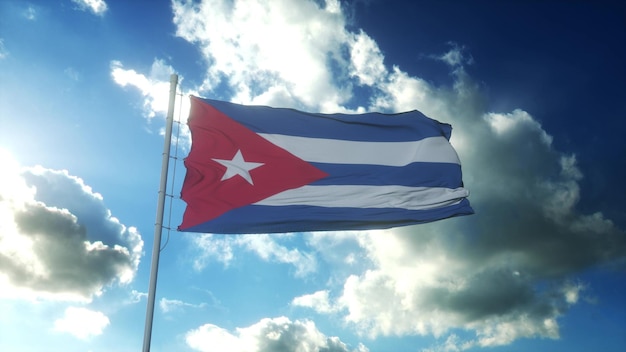 Flag of Cuba waving at wind against beautiful blue sky 3d illustration