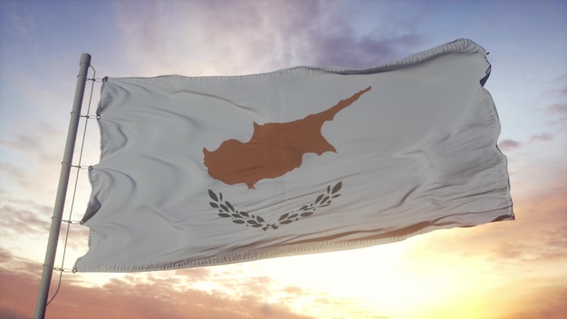 Flag of Cyprus waving in the wind, sky and sun background. 3d rendering.