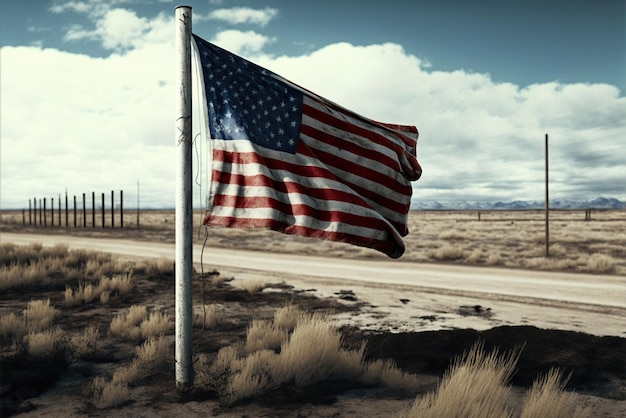 A flag on a dirt road with a road in the background