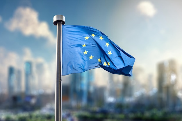 Flag of european union against of the modern city