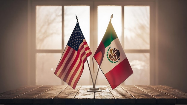 a flag and a flag are on a table in front of a window