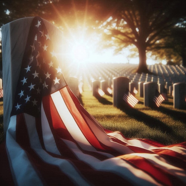 a flag and a flag in front of a cemetery