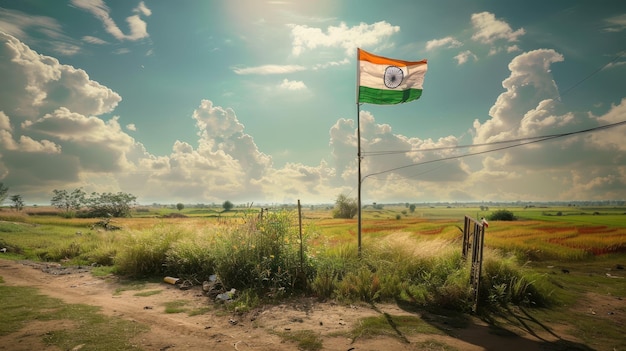 a flag flies over a fence with a sky background