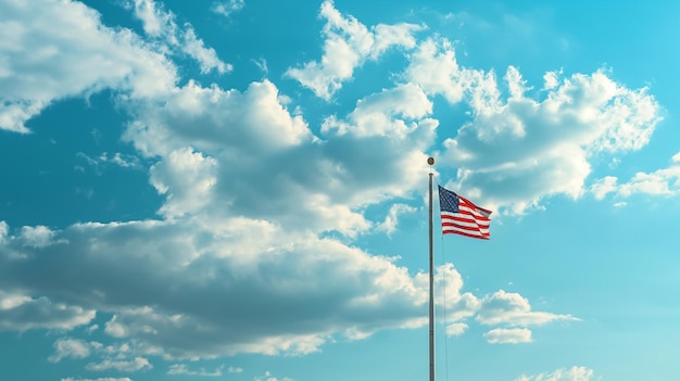 a flag flies in front of a blue sky with clouds