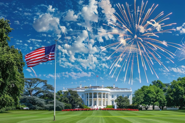 Photo a flag flies over the white house with fireworks in the background