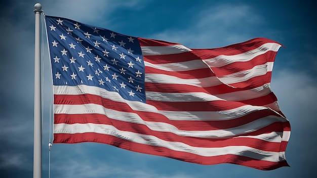 a flag flies in the wind against a blue sky