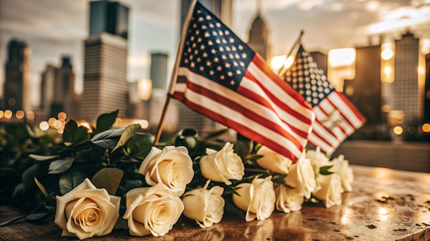 a flag and flowers are placed in front of a building