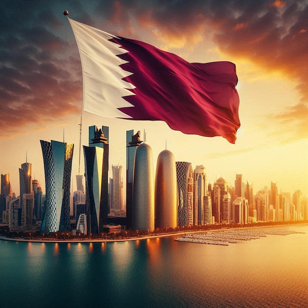 a flag flying over a city with a city in the background