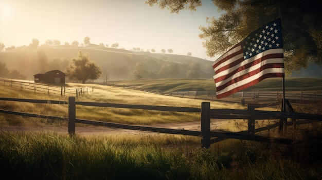 A flag in front of a fence with a fence in the background