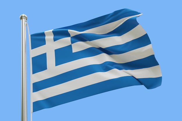 Flag of Greece on flagpole waving in the wind isolated on blue background