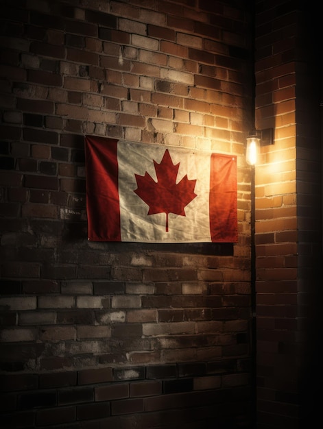 A flag hanging on a brick wall with a light on it