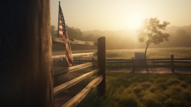 A flag hangs in a fence in a field with a tree in the background.