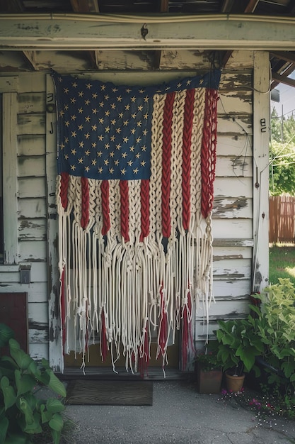 a flag hangs on a house that says  15