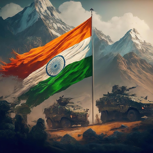 flag of india with mountain range on the top of the mountain military vehicle concept 3 d ill