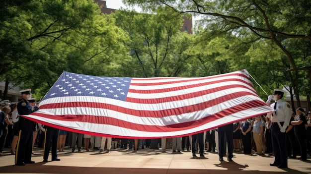 A flag is being held in a crowd.