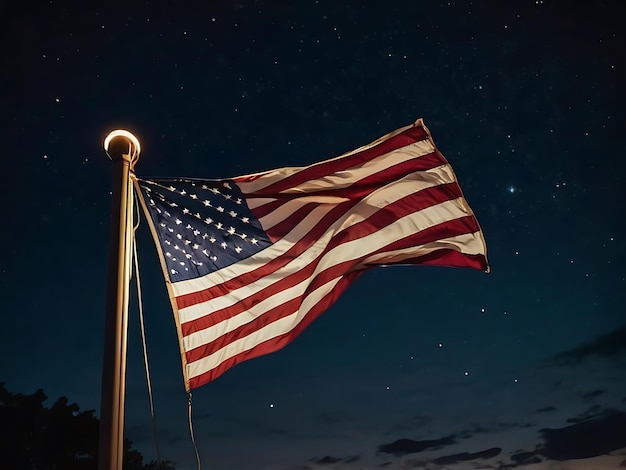 a flag is flying in the dark night sky