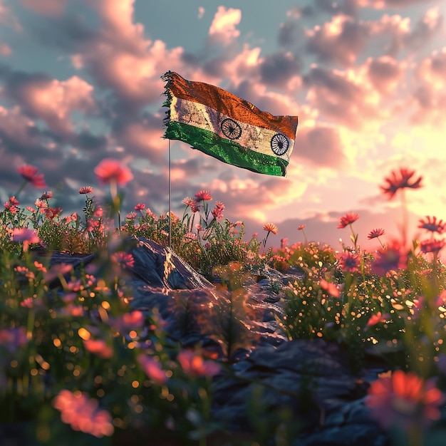 Photo a flag is flying over a field of flowers