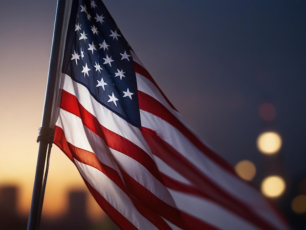 a flag is flying in front of a city skyline