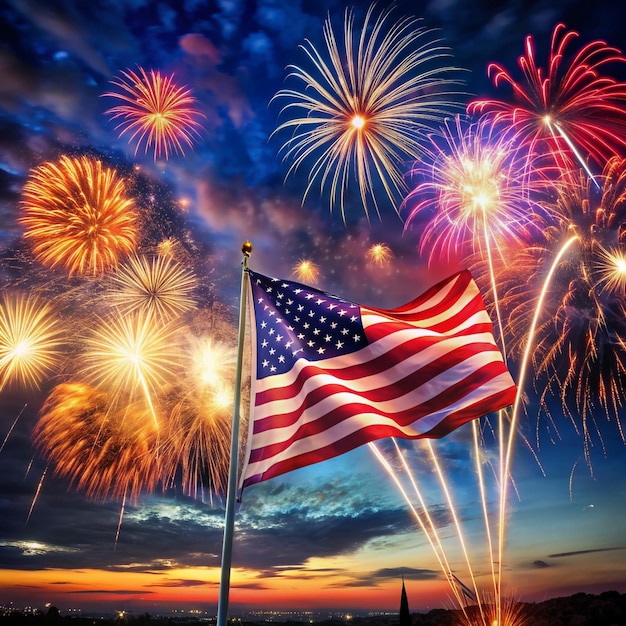 a flag is flying in front of a flag with fireworks in the background