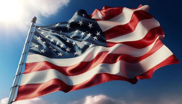 a flag is flying in the sky with clouds in the background