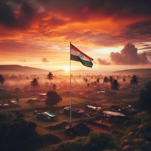 a flag is flying over a village with a sunset in the background