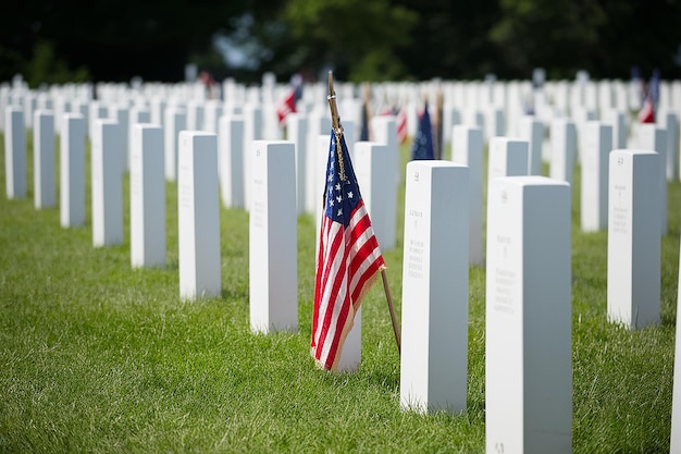 a flag is in the grass next to a grave marker