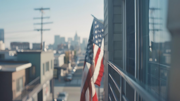 Photo a flag is hanging from a building with a city in the background