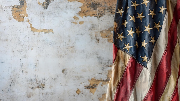 a flag is hanging on a wall with a faded background