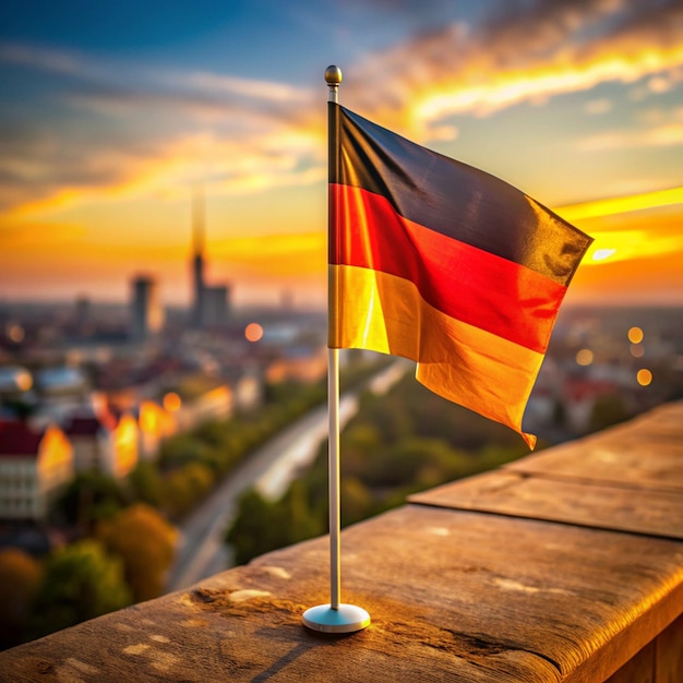 a flag is on a wall with the sun setting behind it