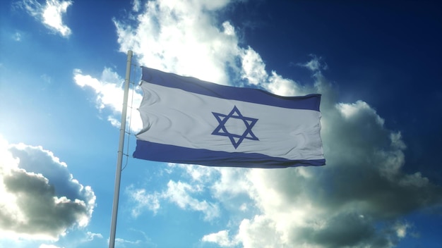 Flag of Israel waving at wind against beautiful blue sky 3d illustration