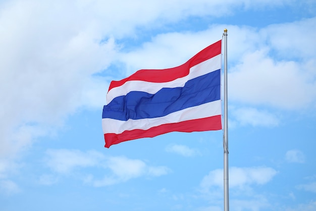 The flag of the Kingdom of Thailand Called THONG TRAI RONG, Meaning Tricolour Flag Waving on Blue Sky