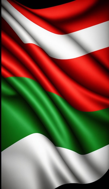 A flag of madagascar with red, white and green stripes.