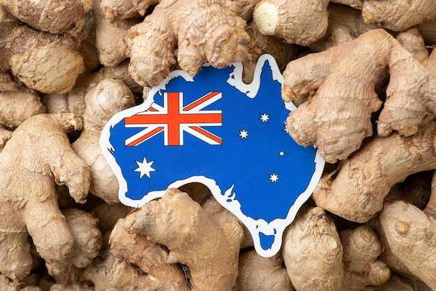 Flag and map of Australia on ginger roots background