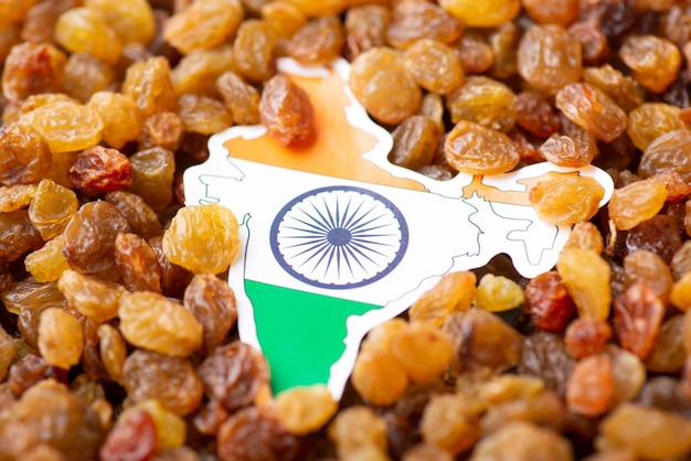 Flag and map of India on raisins Concept of making raisins of grape in India