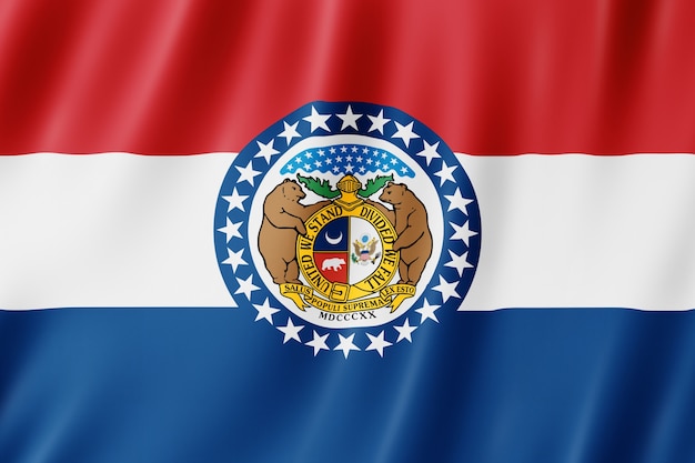 Flag of Missouri, US state. 3D illustration of the Missouri flag waving.