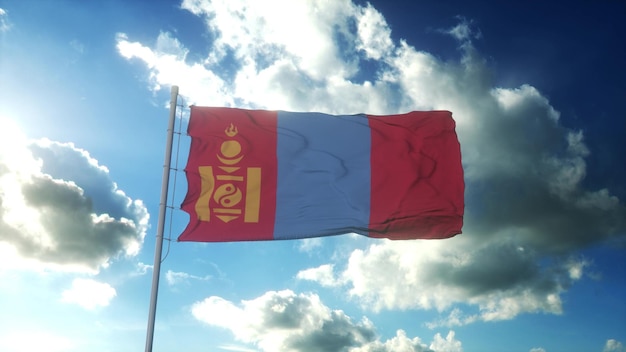 Flag of Mongolia waving at wind against beautiful blue sky 3d rendering