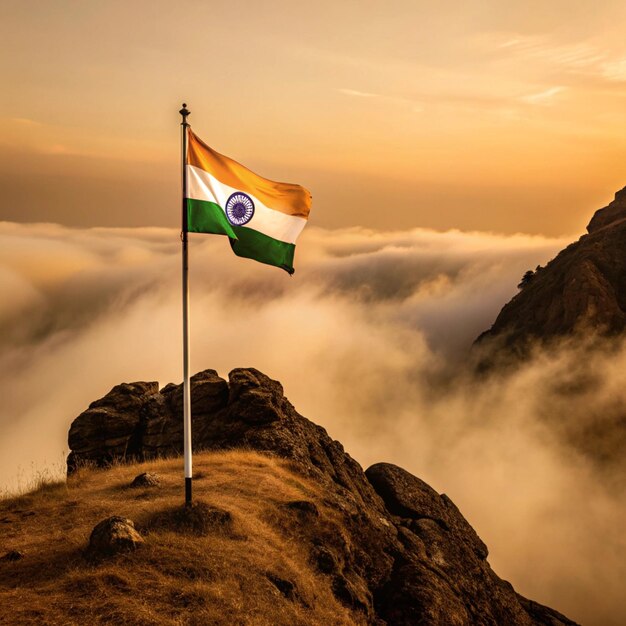 Photo a flag on a mountain with a sunset in the background