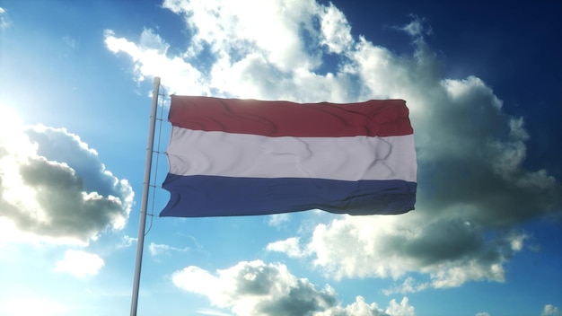 Flag of Netherlands waving at wind against beautiful blue sky 3d rendering