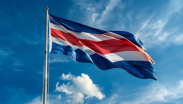 Flag of Netherlands waving in the wind against blue sky with white clouds