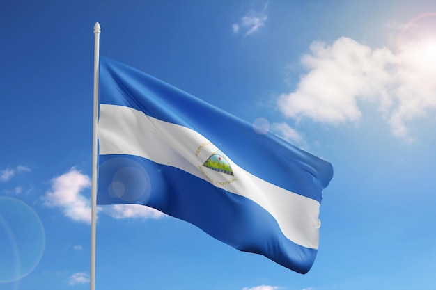 Flag of Nicaragua on blue sky 3d illustration