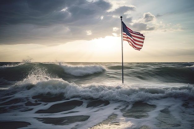 A flag in the ocean with a cloudy sky in the background