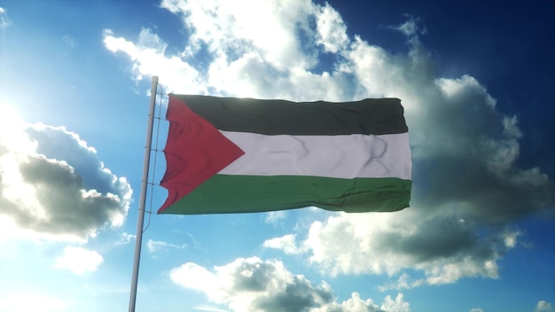 Flag of Palestine waving at wind against beautiful blue sky 3d rendering