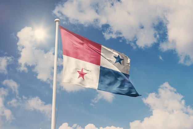 Flag of Panama, National symbol waving against cloudy, blue sky, sunny day