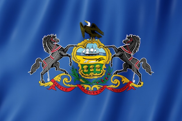 Flag of Pennsylvania, USA. 3D illustration of the Pennsylvania flag waving.