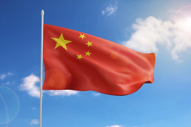 Flag of People39s Republic of China on blue sky 3d illustration