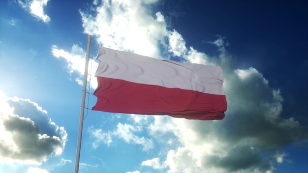 Flag of Poland waving at wind against beautiful blue sky 3d illustration